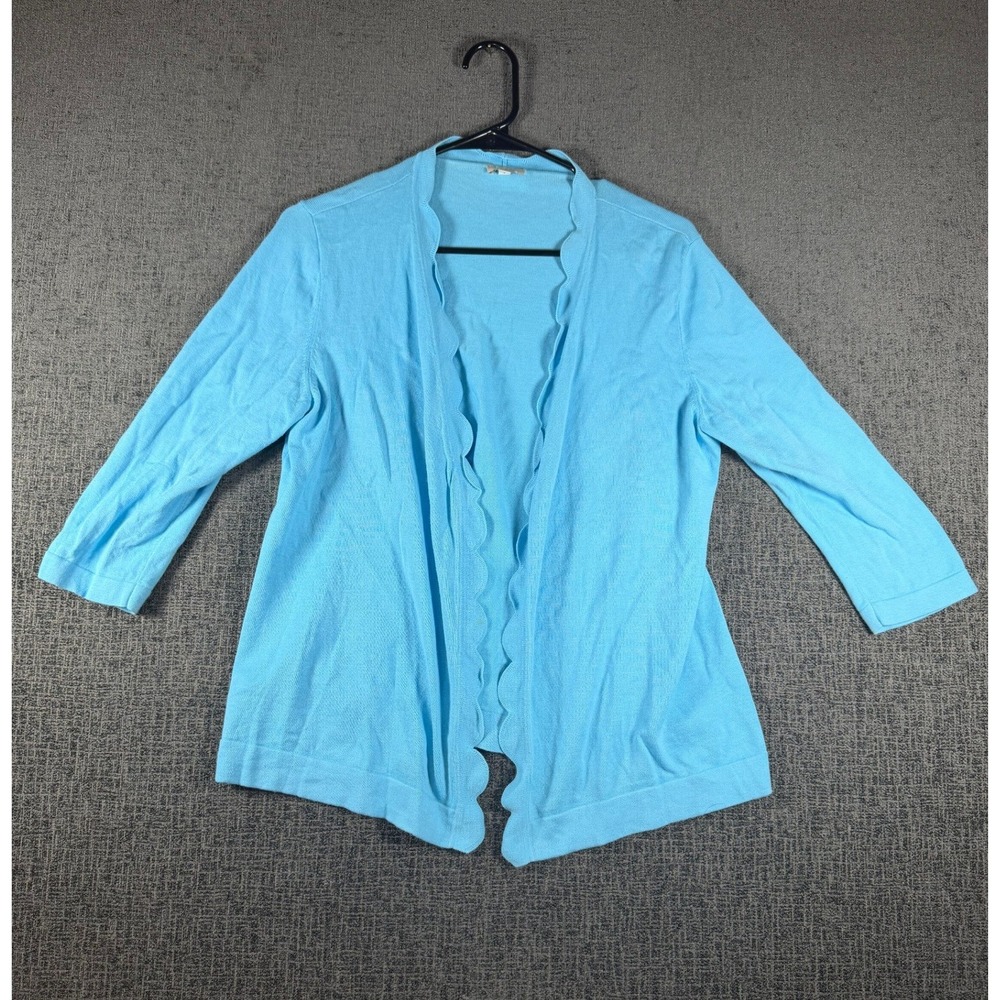 Talbots Petites Blue Scalloped Open Front Cardigan Sweater LP 3/4 Sleeve